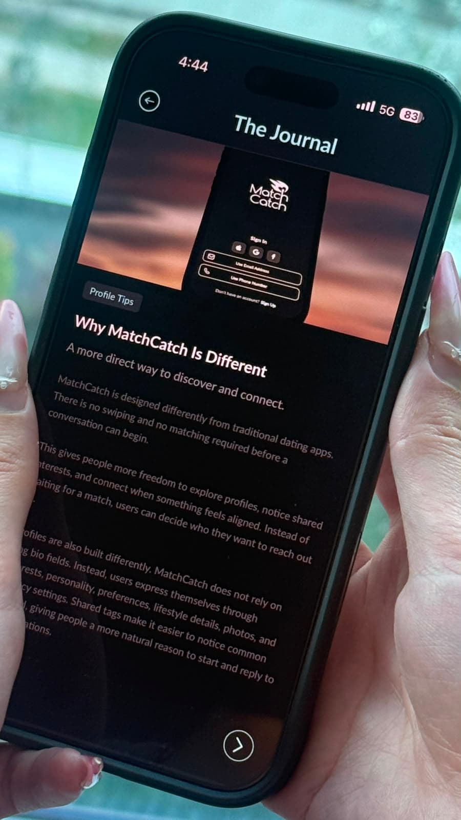 MatchCatch Journal article shown on a phone
